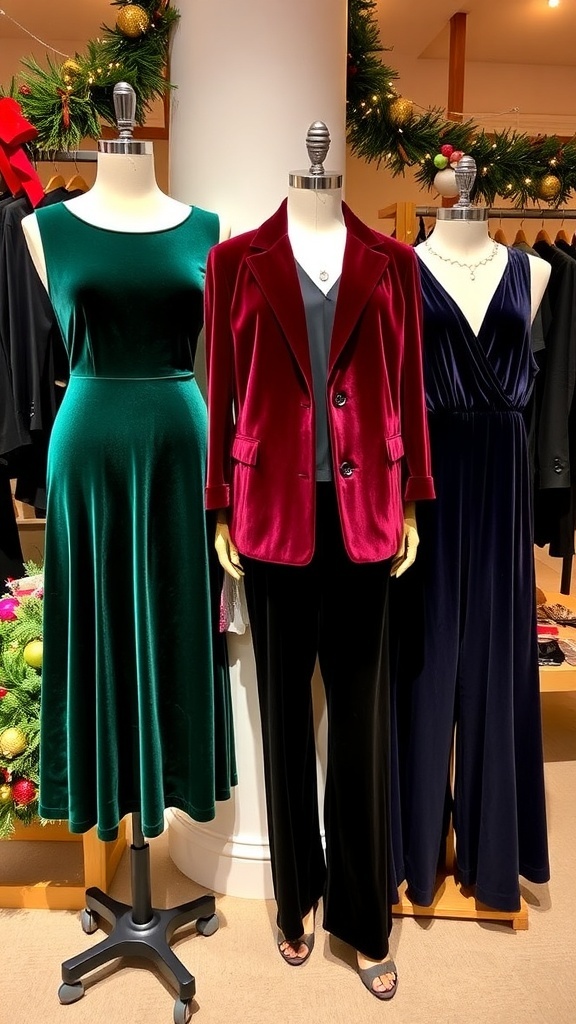 Stylish velvet outfits for Christmas parties displayed in a festive setting.